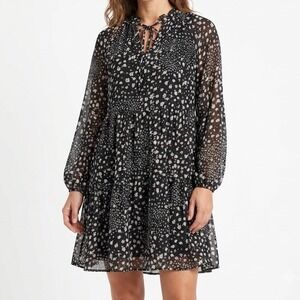 This‎ That Womens Floral Tiered Mini Dress Black Long Sleeve Ruffle Neck Large
